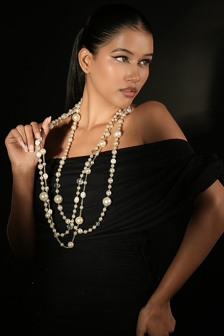 Ivory Crystal & Pearl Layered Long Necklace by Bijoux By Priya Chandna at Pernia's Pop Up Shop
