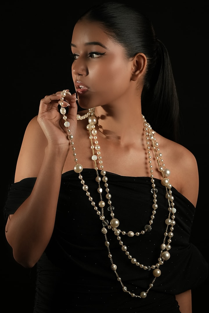Ivory Crystal & Pearl Layered Long Necklace by Bijoux By Priya Chandna at Pernia's Pop Up Shop