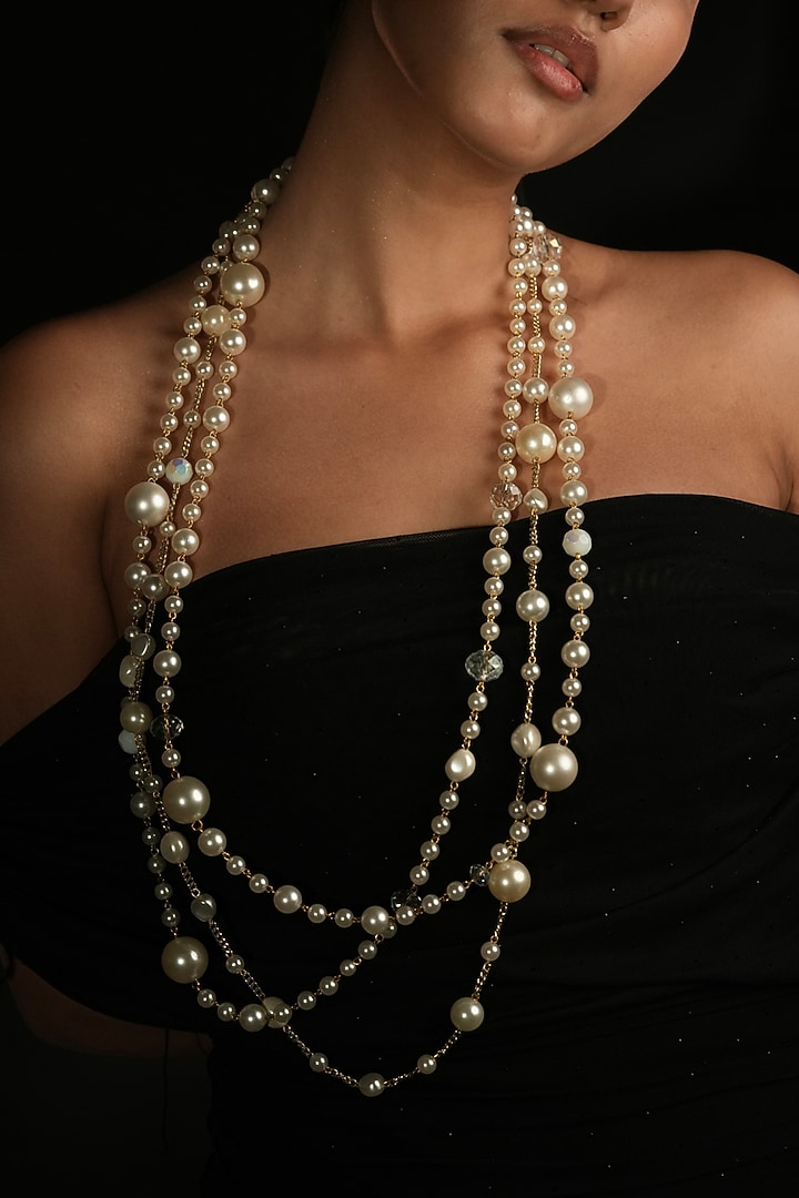 Ivory Crystal & Pearl Layered Long Necklace by Bijoux By Priya Chandna at Pernia's Pop Up Shop