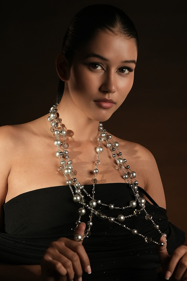 Silver Finish Crystal & Smoky Grey Pearl Layered Necklace by Bijoux By Priya Chandna at Pernia's Pop Up Shop
