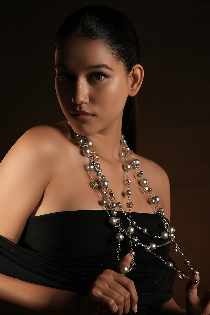 Silver Finish Crystal & Smoky Grey Pearl Layered Necklace by Bijoux By Priya Chandna at Pernia's Pop Up Shop
