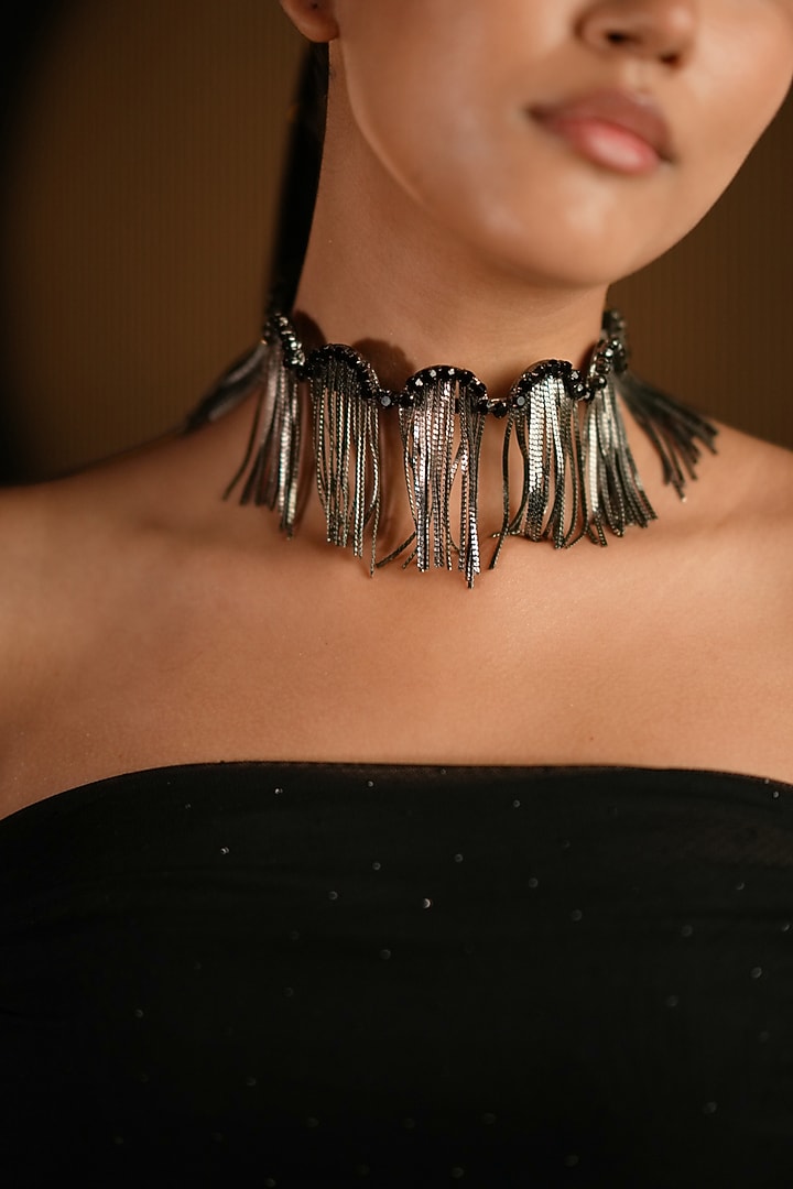 Gunmetal Finish Crystal & Fringe Choker Necklace by Bijoux By Priya Chandna at Pernia's Pop Up Shop