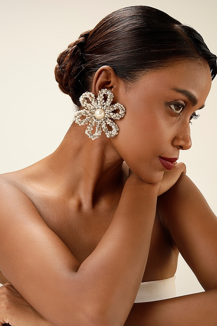 White Pearl & Crystal Oversized Floral Stud Earrings by Bijoux By Priya Chandna at Pernia's Pop Up Shop
