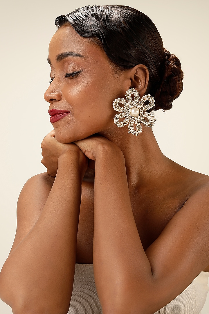 White Pearl & Crystal Oversized Floral Stud Earrings by Bijoux By Priya Chandna at Pernia's Pop Up Shop