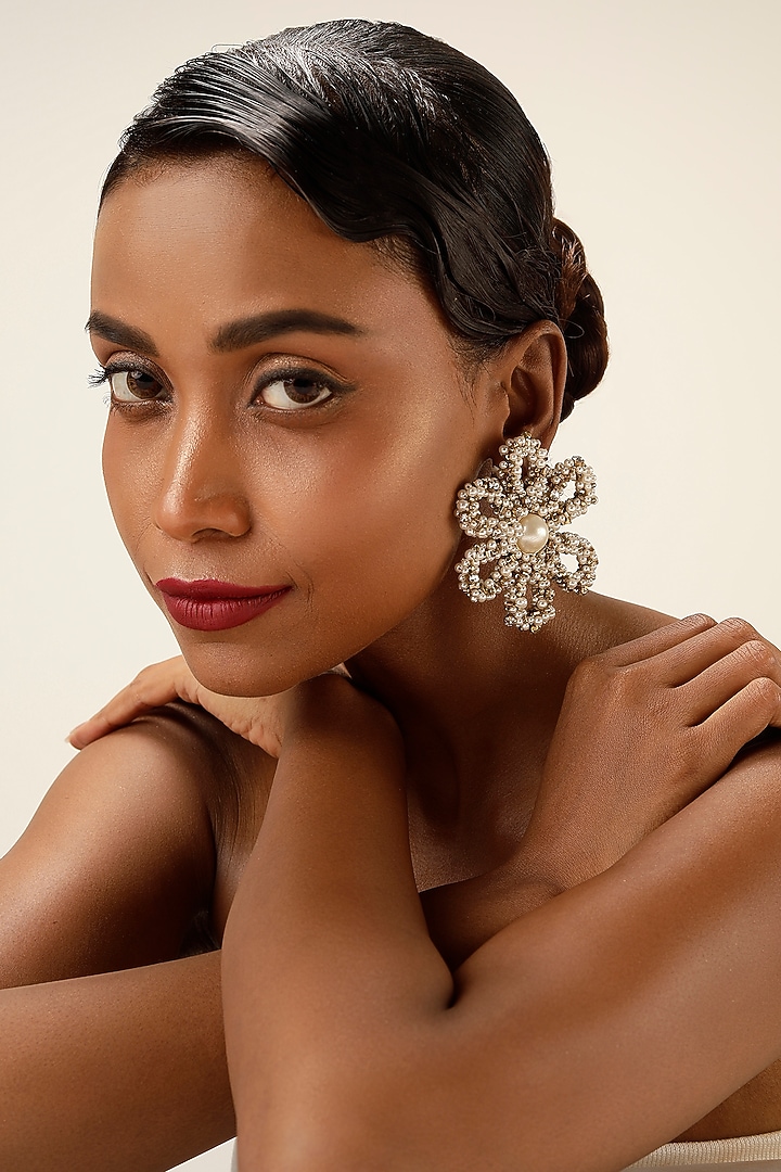 White Pearl & Crystal Oversized Floral Stud Earrings by Bijoux By Priya Chandna at Pernia's Pop Up Shop