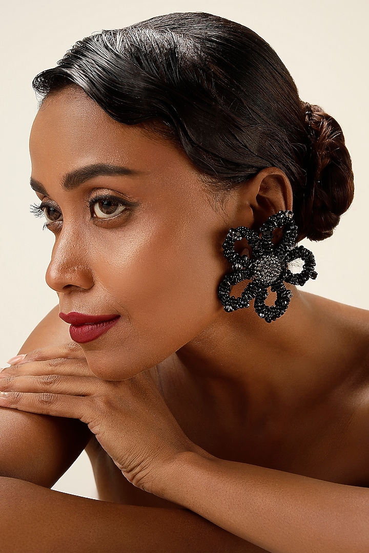 Black Textured Black Beaded Oversized Floral Stud Earrings by Bijoux By Priya Chandna at Pernia's Pop Up Shop