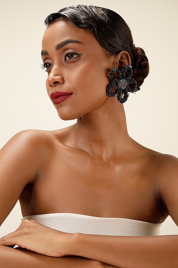Black Textured Black Beaded Oversized Floral Stud Earrings by Bijoux By Priya Chandna at Pernia's Pop Up Shop