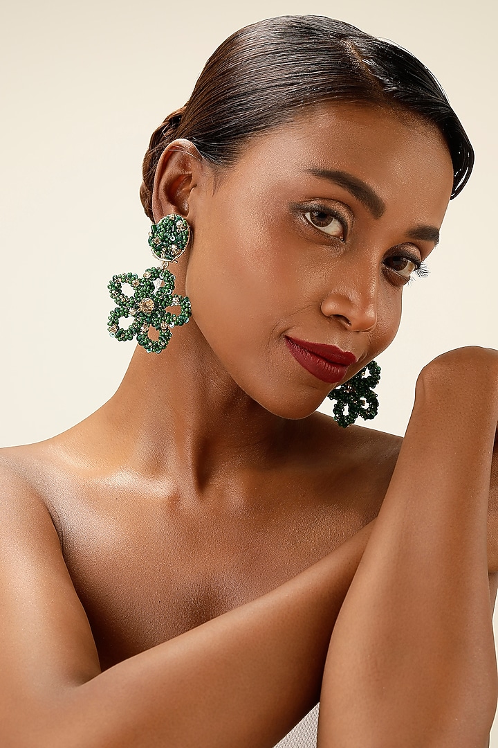 Green Crystal & Beaded Floral Drop Earrings by Bijoux By Priya Chandna at Pernia's Pop Up Shop