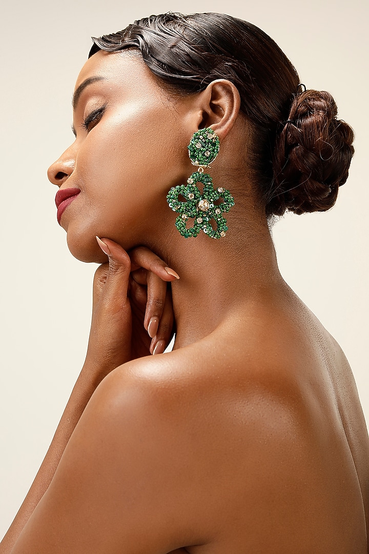 Green Crystal & Beaded Floral Drop Earrings by Bijoux By Priya Chandna at Pernia's Pop Up Shop