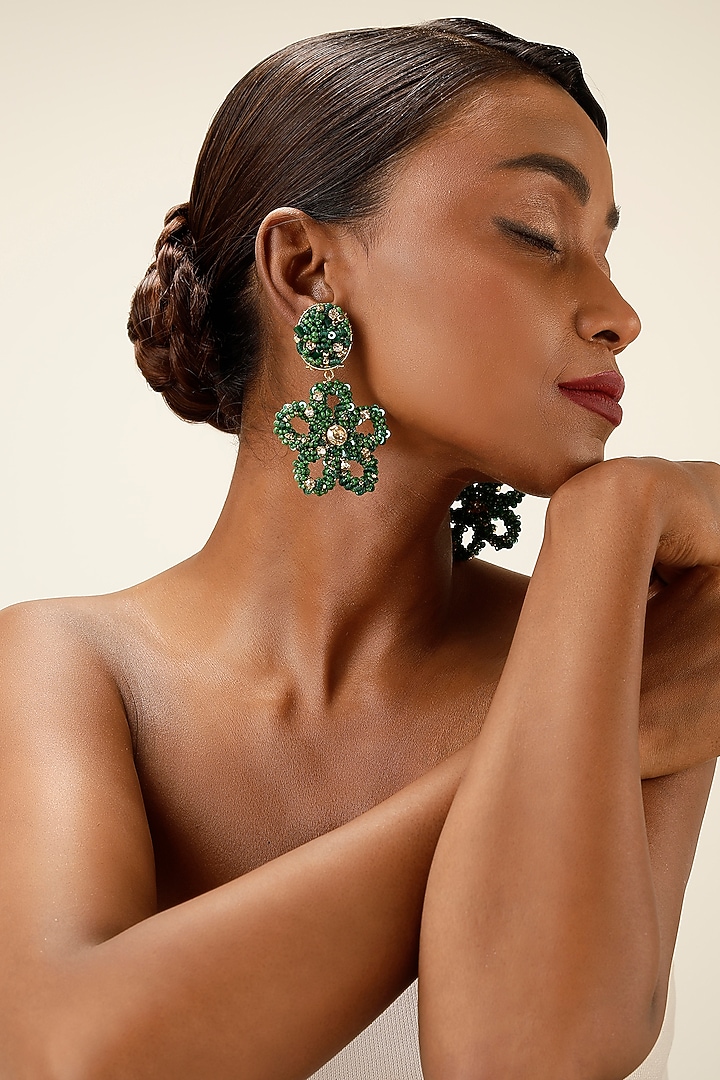 Green Crystal & Beaded Floral Drop Earrings by Bijoux By Priya Chandna at Pernia's Pop Up Shop