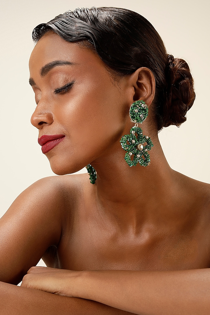 Green Crystal & Beaded Floral Drop Earrings by Bijoux By Priya Chandna at Pernia's Pop Up Shop