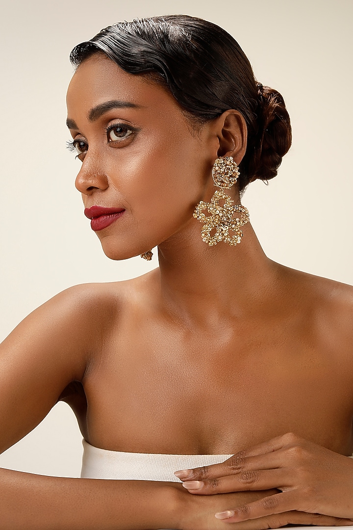 Gold Finish Crystal & Beaded Floral Drop Earrings by Bijoux By Priya Chandna at Pernia's Pop Up Shop