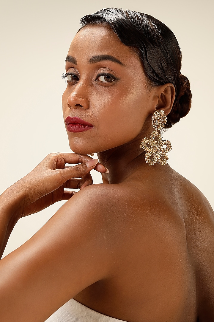 Gold Finish Crystal & Beaded Floral Drop Earrings by Bijoux By Priya Chandna at Pernia's Pop Up Shop