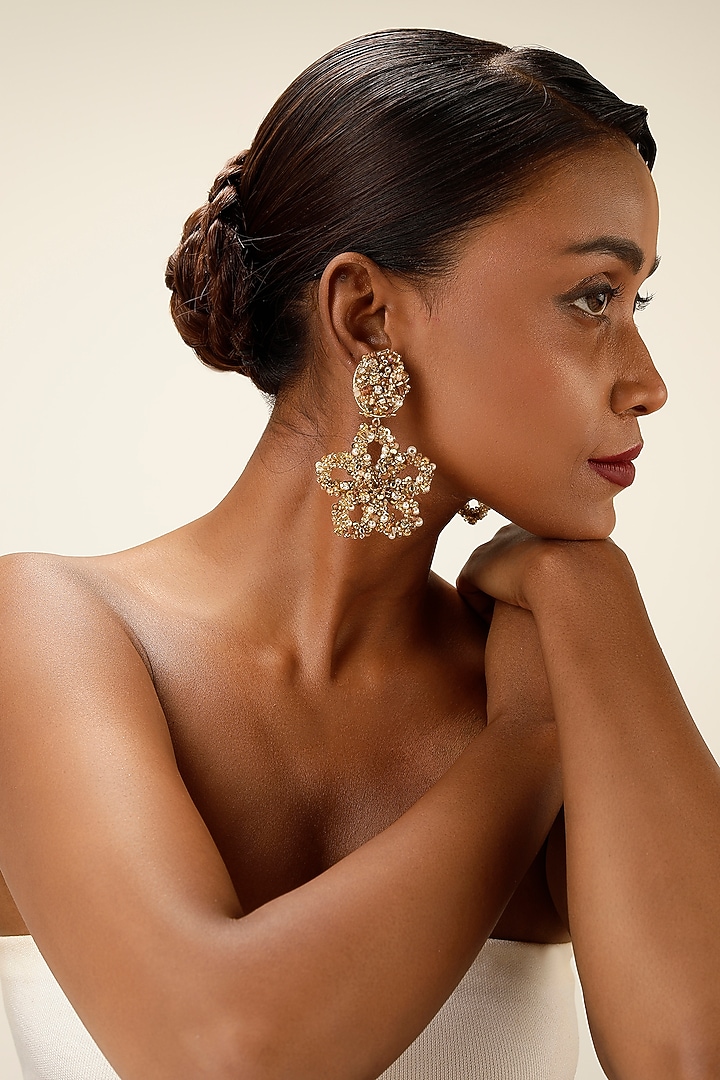 Gold Finish Crystal & Beaded Floral Drop Earrings by Bijoux By Priya Chandna at Pernia's Pop Up Shop