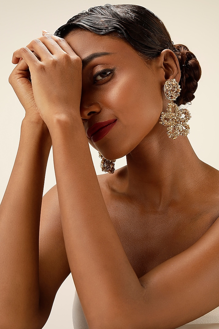 Gold Finish Crystal & Beaded Floral Drop Earrings by Bijoux By Priya Chandna at Pernia's Pop Up Shop