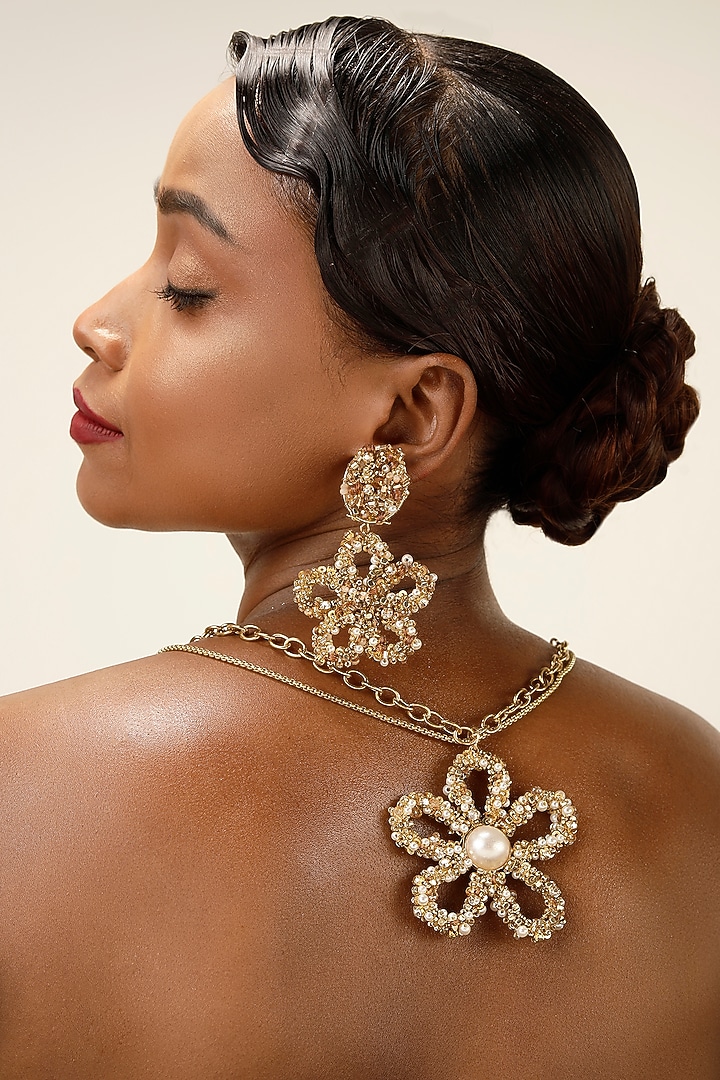 Gold Finish Crystal & Beaded Floral Drop Earrings by Bijoux By Priya Chandna at Pernia's Pop Up Shop
