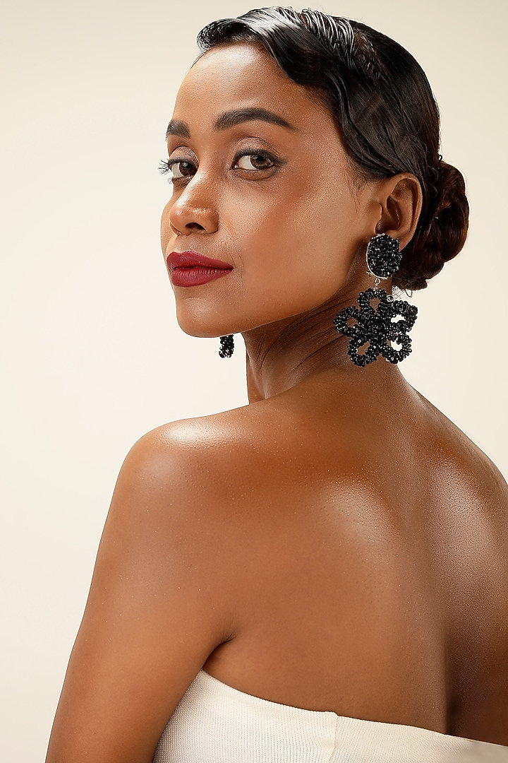 Black Textured Beaded Oversized Floral Drop Earrings by Bijoux By Priya Chandna at Pernia's Pop Up Shop