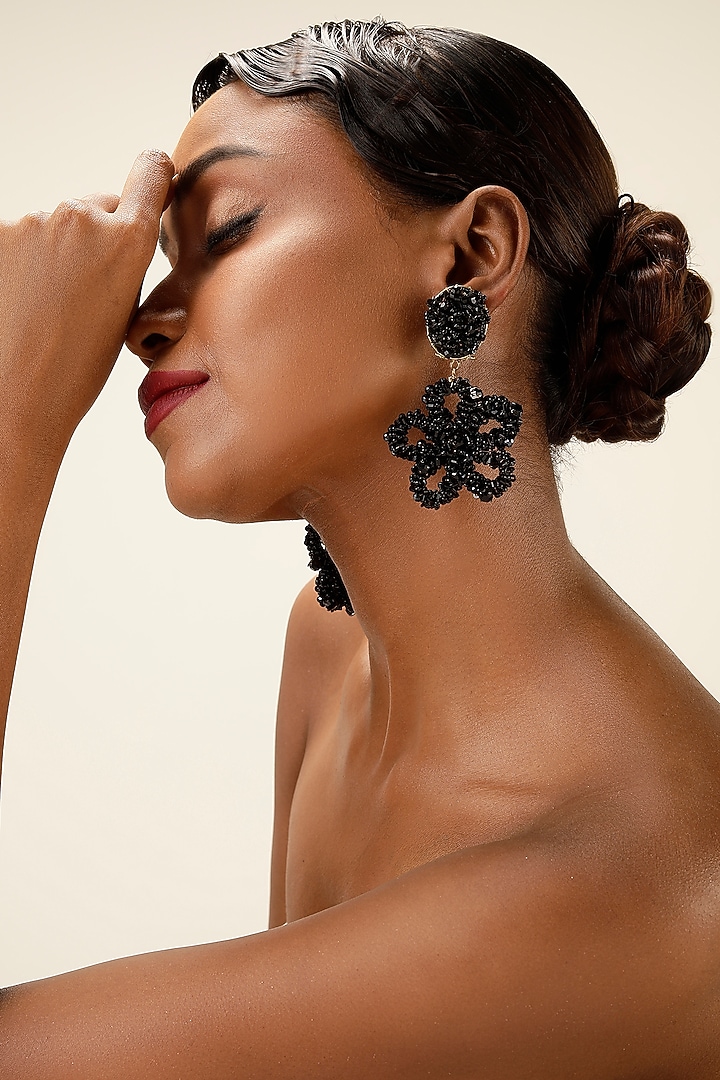 Black Textured Beaded Oversized Floral Drop Earrings by Bijoux By Priya Chandna at Pernia's Pop Up Shop