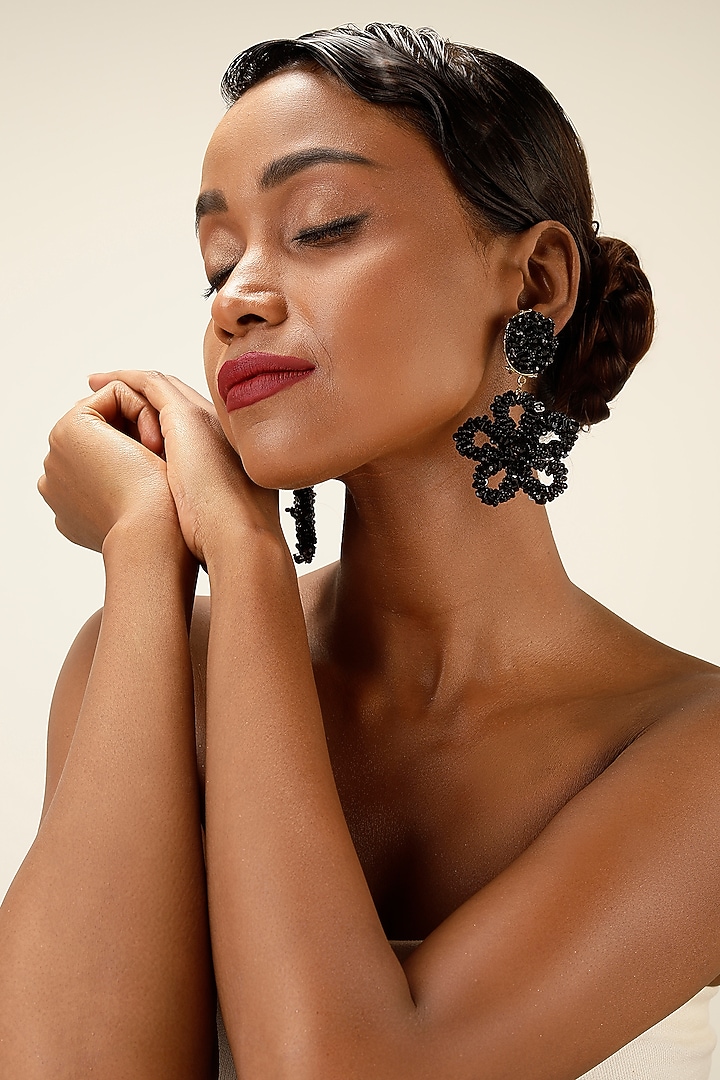 Black Textured Beaded Oversized Floral Drop Earrings by Bijoux By Priya Chandna at Pernia's Pop Up Shop