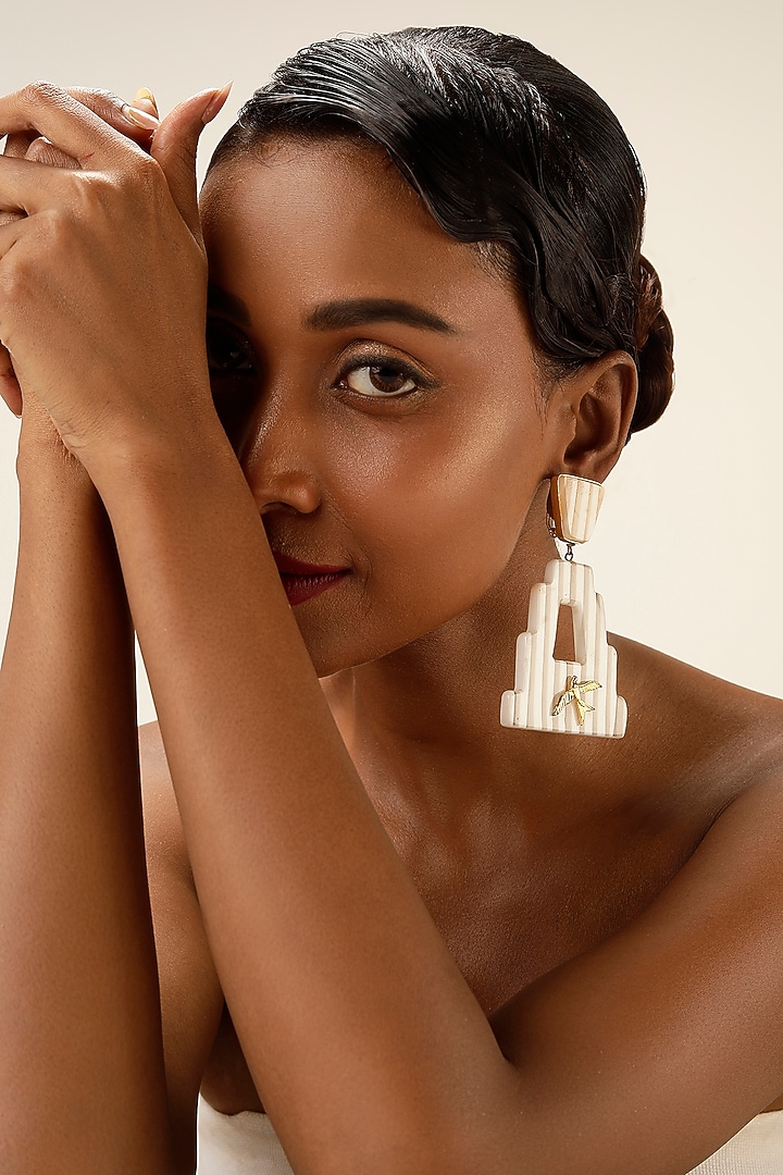 White Brass Sculptural Striped Earrings by Bijoux By Priya Chandna at Pernia's Pop Up Shop