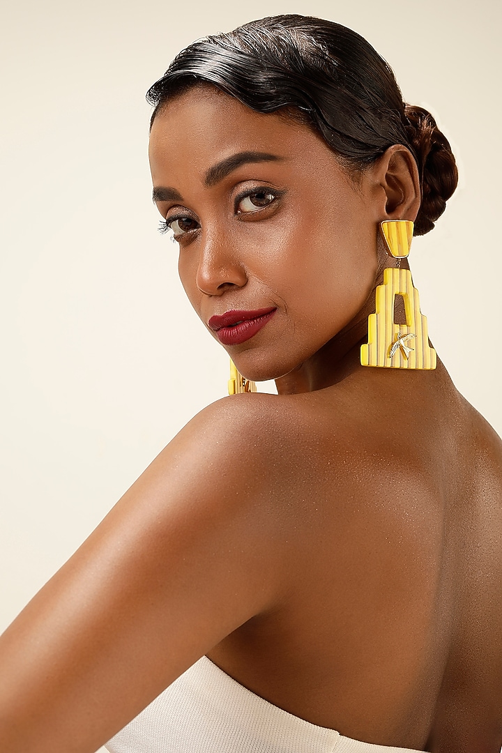 Yellow Brass Sculptural Striped Earrings by Bijoux By Priya Chandna at Pernia's Pop Up Shop