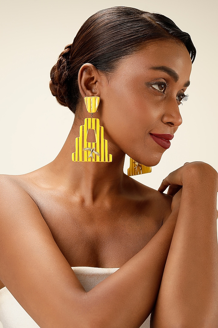 Yellow Brass Sculptural Striped Earrings by Bijoux By Priya Chandna at Pernia's Pop Up Shop