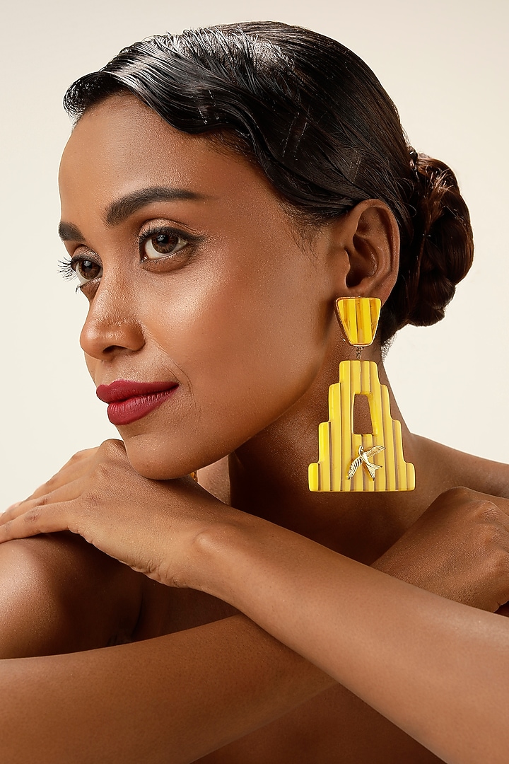 Yellow Brass Sculptural Striped Earrings by Bijoux By Priya Chandna at Pernia's Pop Up Shop