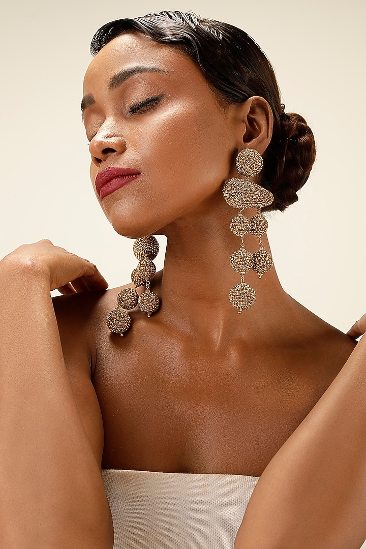 Gold Finish Crystal Orb Drop Earrings by Bijoux By Priya Chandna at Pernia's Pop Up Shop