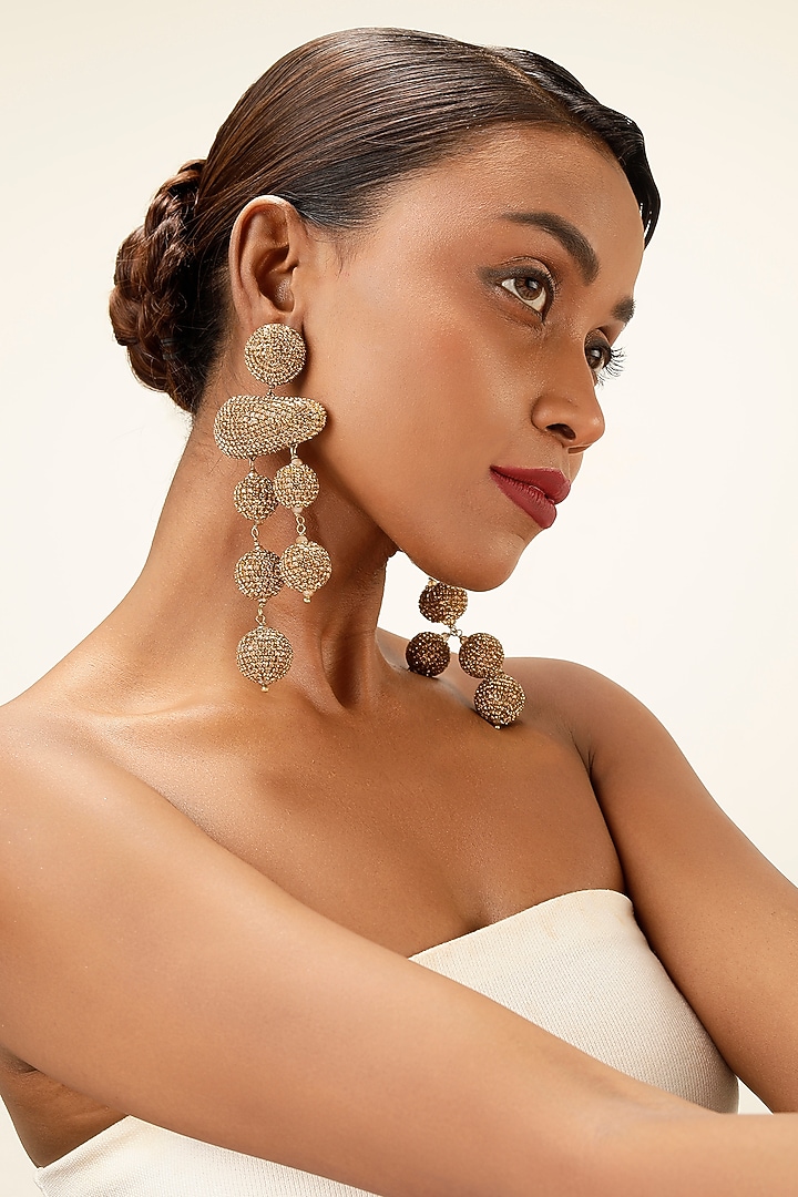 Gold Finish Crystal Orb Drop Earrings by Bijoux By Priya Chandna at Pernia's Pop Up Shop