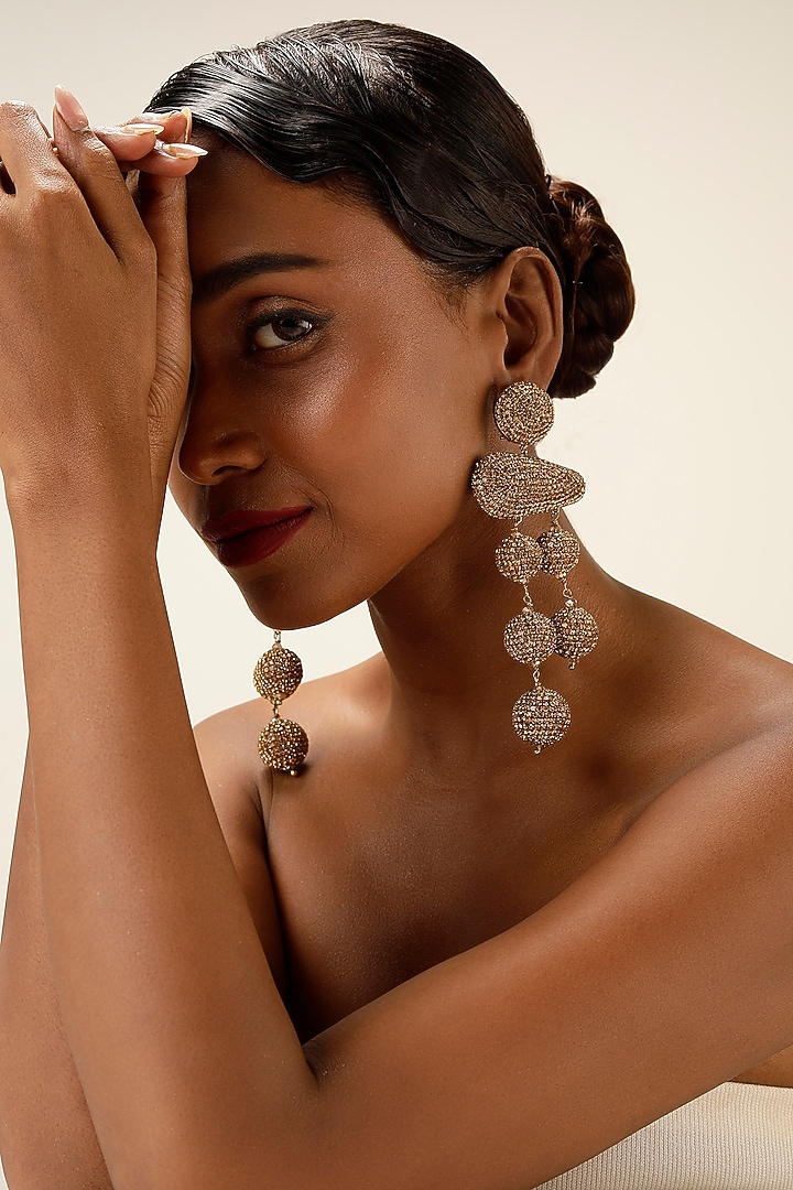 Gold Finish Crystal Orb Drop Earrings by Bijoux By Priya Chandna at Pernia's Pop Up Shop