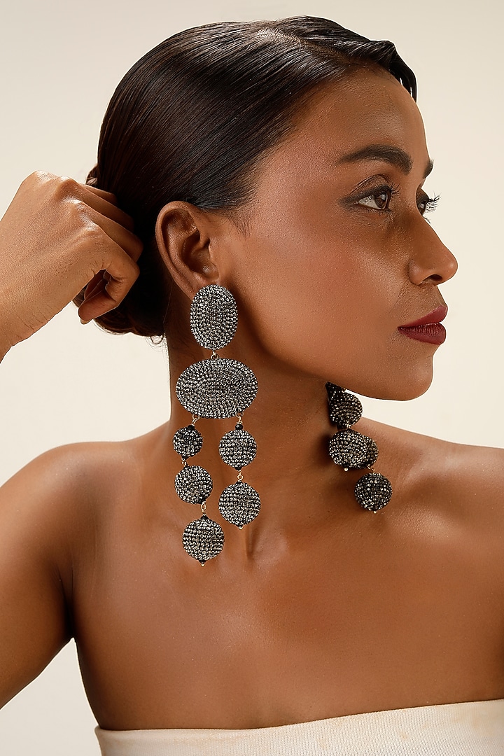 Black Crystal Orb Drop Earrings by Bijoux By Priya Chandna at Pernia's Pop Up Shop