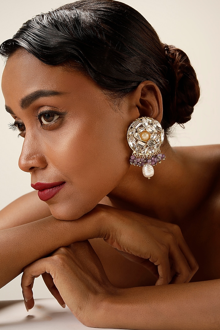 Gold Finish Crystal & Lilac Beaded Drop Earrings by Bijoux By Priya Chandna at Pernia's Pop Up Shop