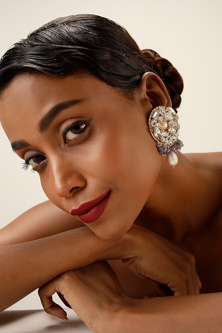 Gold Finish Crystal & Lilac Beaded Drop Earrings by Bijoux By Priya Chandna at Pernia's Pop Up Shop