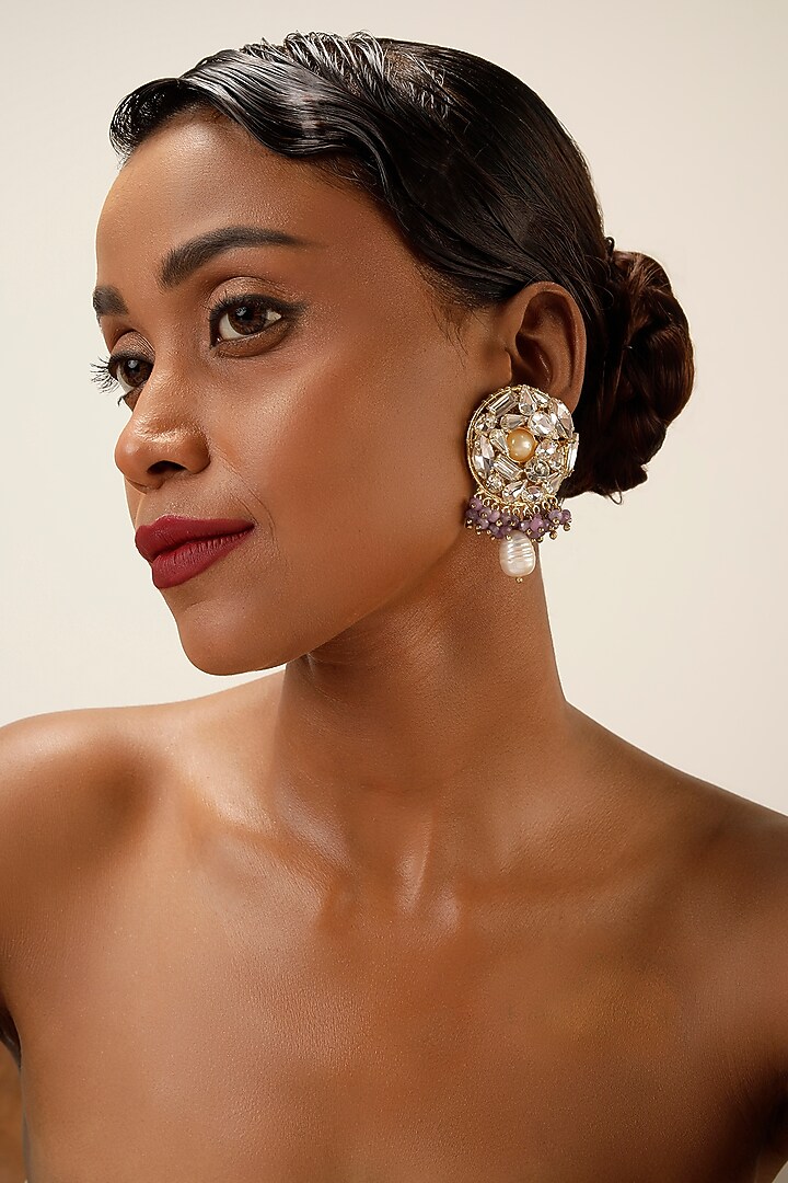 Gold Finish Crystal & Lilac Beaded Drop Earrings by Bijoux By Priya Chandna at Pernia's Pop Up Shop