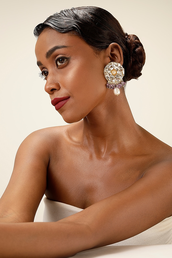 Gold Finish Crystal & Lilac Beaded Drop Earrings by Bijoux By Priya Chandna at Pernia's Pop Up Shop