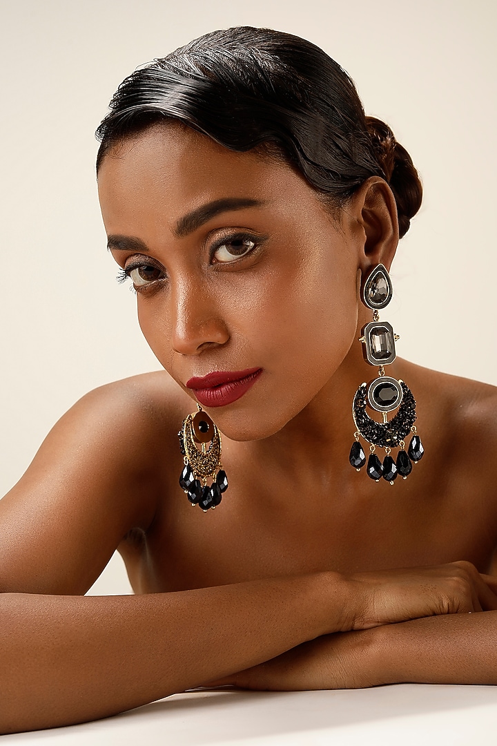 Black Crystal & Beaded Chandelier Earrings by Bijoux By Priya Chandna at Pernia's Pop Up Shop