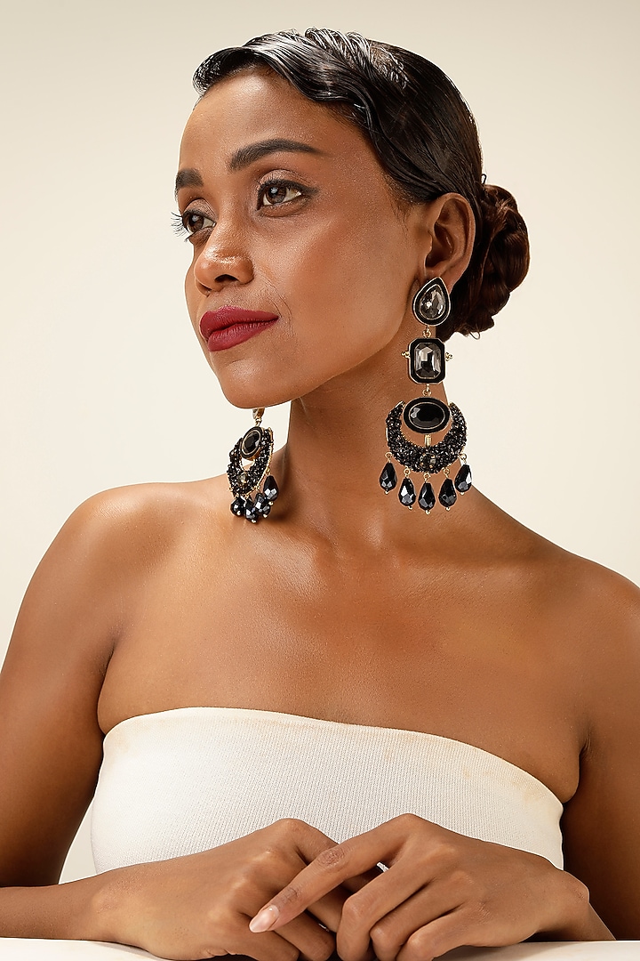 Black Crystal & Beaded Chandelier Earrings by Bijoux By Priya Chandna at Pernia's Pop Up Shop