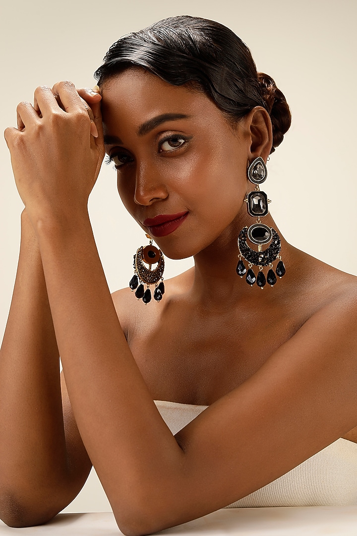 Black Crystal & Beaded Chandelier Earrings by Bijoux By Priya Chandna at Pernia's Pop Up Shop