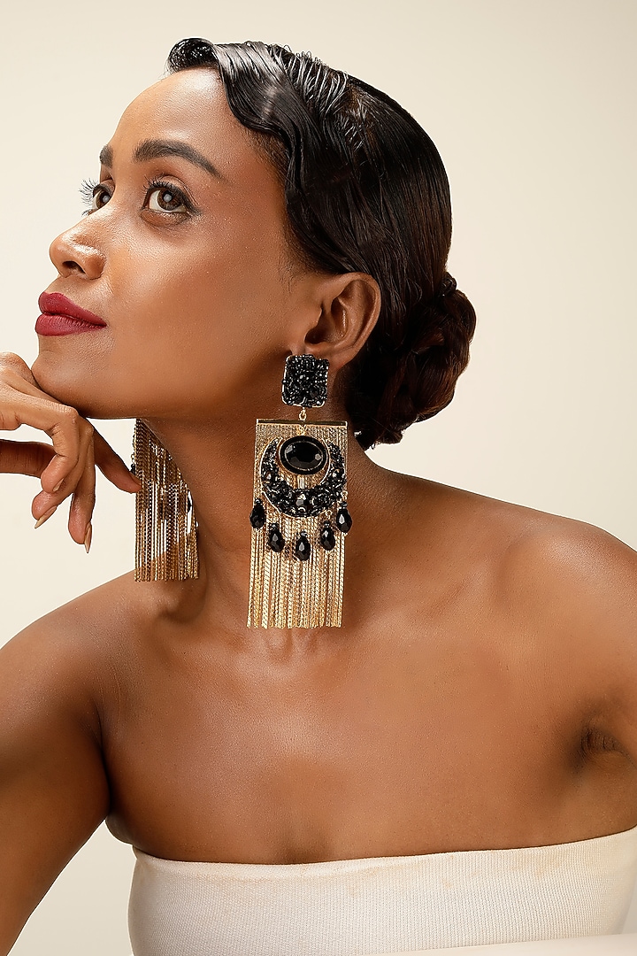 Black Crystal & Gold Fringe Dangler Earrings by Bijoux By Priya Chandna at Pernia's Pop Up Shop