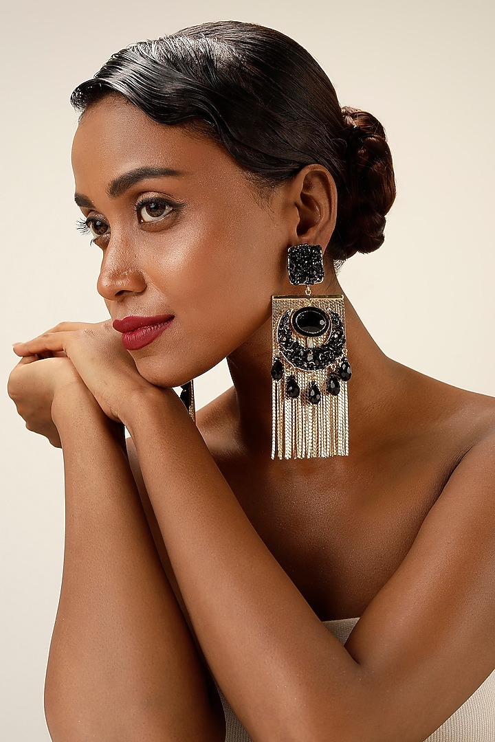 Black Crystal & Gold Fringe Dangler Earrings by Bijoux By Priya Chandna at Pernia's Pop Up Shop