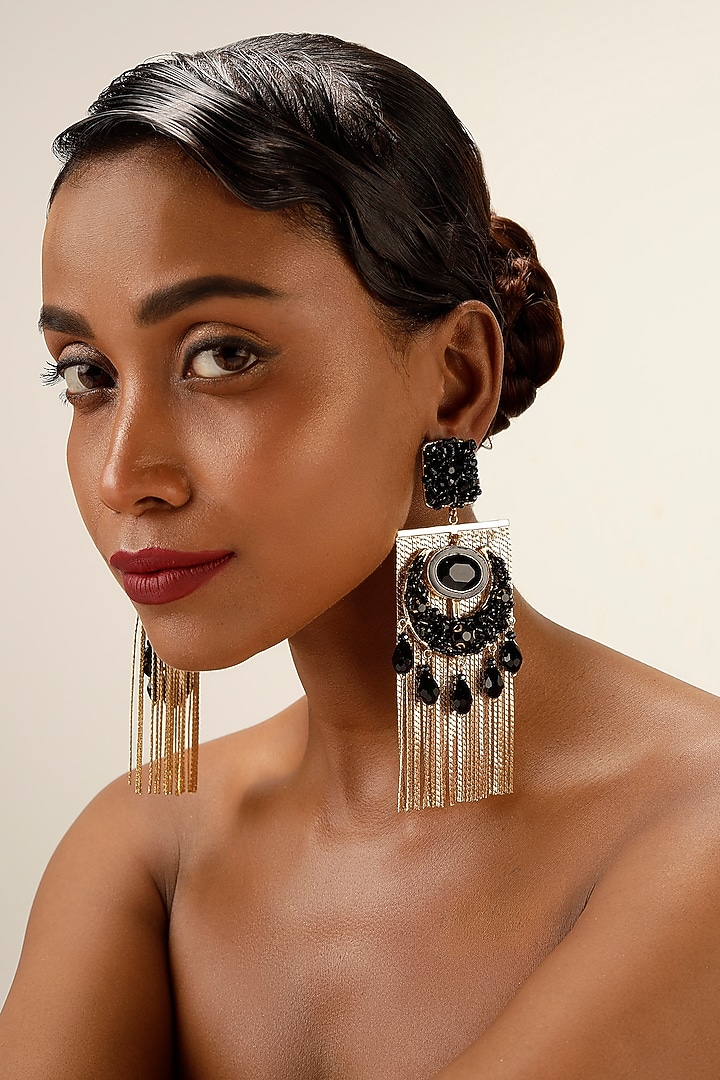 Black Crystal & Gold Fringe Dangler Earrings by Bijoux By Priya Chandna at Pernia's Pop Up Shop