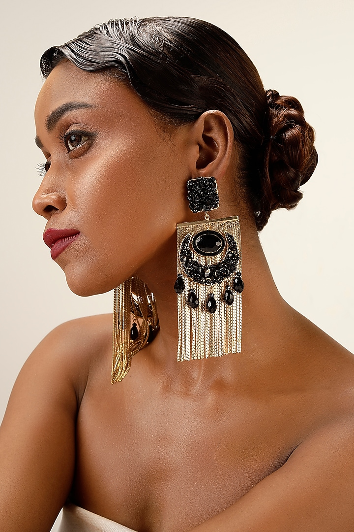 Black Crystal & Gold Fringe Dangler Earrings by Bijoux By Priya Chandna at Pernia's Pop Up Shop
