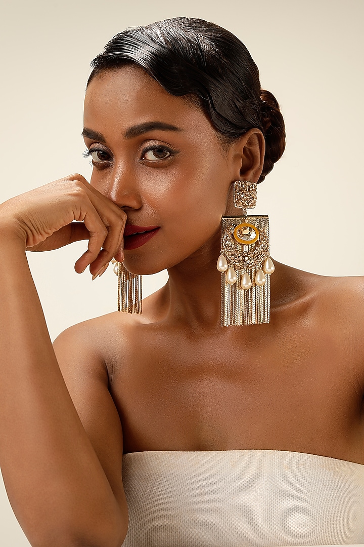 Gold Finish Crystal & Ivory Pearl Drop Dangler Earrings by Bijoux By Priya Chandna at Pernia's Pop Up Shop