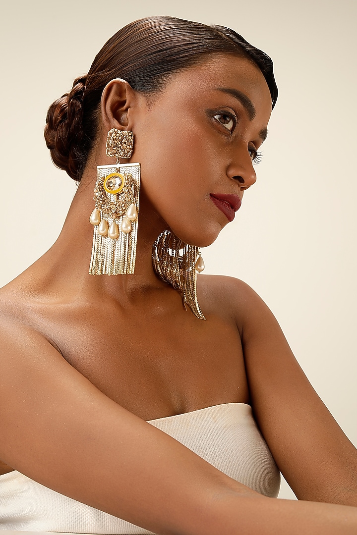 Gold Finish Crystal & Ivory Pearl Drop Dangler Earrings by Bijoux By Priya Chandna at Pernia's Pop Up Shop