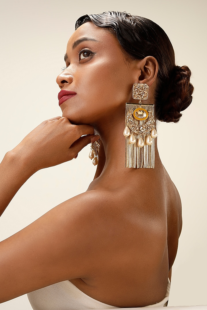 Gold Finish Crystal & Ivory Pearl Drop Dangler Earrings by Bijoux By Priya Chandna at Pernia's Pop Up Shop