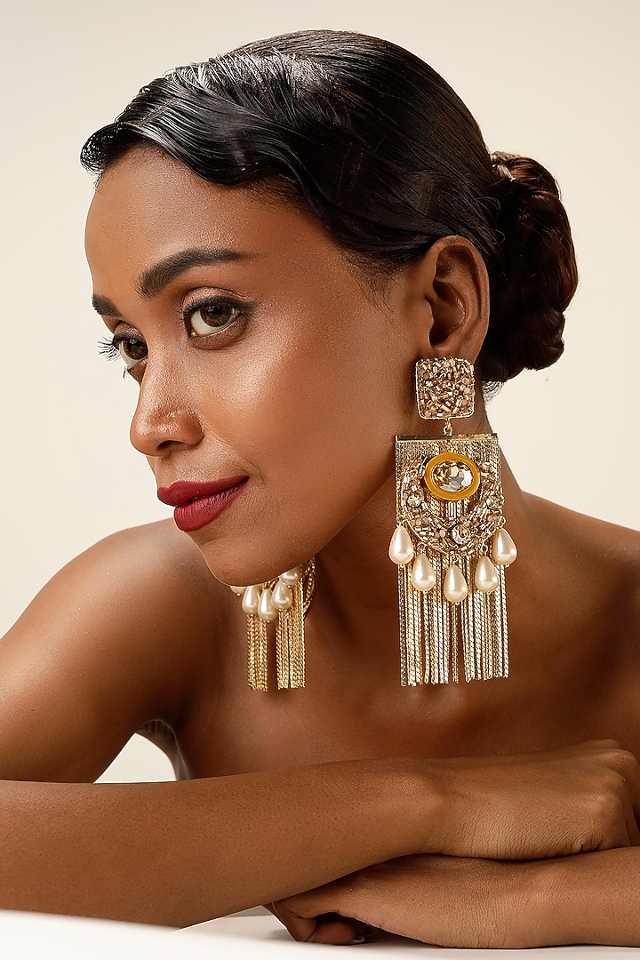 Gold Finish Crystal & Ivory Pearl Drop Dangler Earrings by Bijoux By Priya Chandna at Pernia's Pop Up Shop