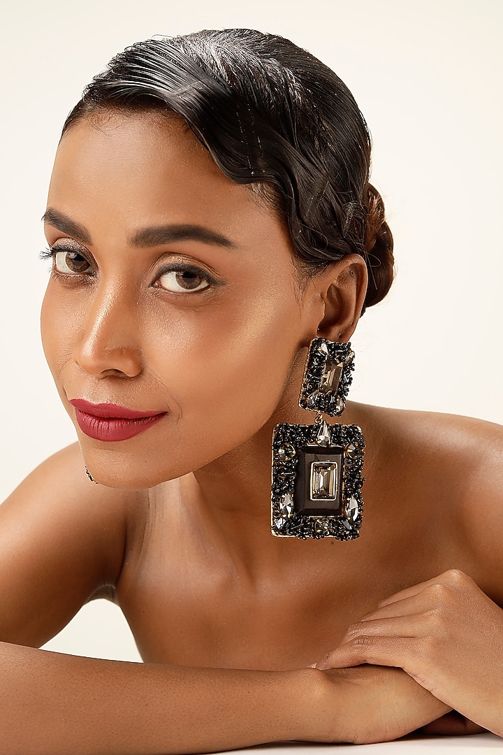 Black Crystal & Textured Beaded Chandelier Earrings by Bijoux By Priya Chandna at Pernia's Pop Up Shop