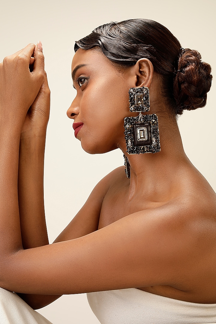 Black Crystal & Textured Beaded Chandelier Earrings by Bijoux By Priya Chandna at Pernia's Pop Up Shop