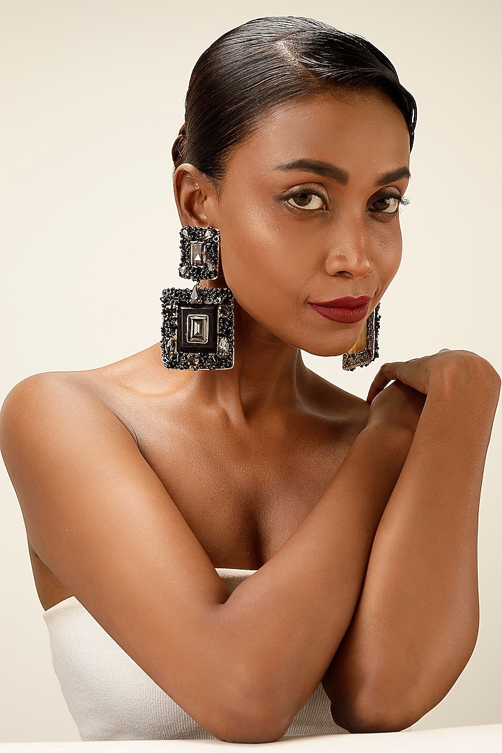 Black Crystal & Textured Beaded Chandelier Earrings by Bijoux By Priya Chandna at Pernia's Pop Up Shop