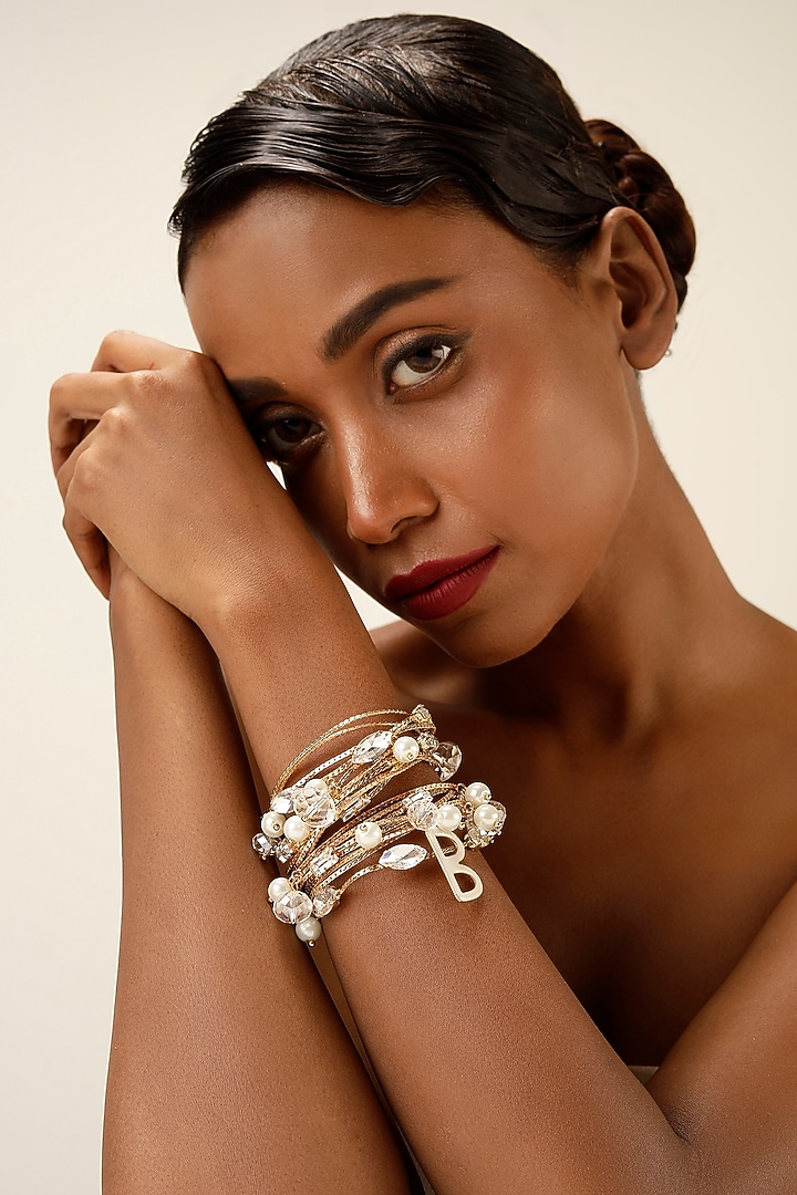 Gold Finish Pearl & Crystal Layered Bracelet by Bijoux By Priya Chandna at Pernia's Pop Up Shop